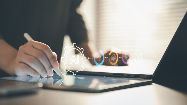 Hand using a digital pen on a tablet with AI workflow icons, illustrating automation, machine learning processes, productivity enhancement, and intelligent digital operations.