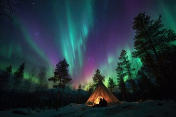 Colorful Northern Lights Aurora Borealis Sky Night Iceland Mountain Mountains Camping Glamping Romantic Winter Night Desktop Wallpaper Illustration Background Image