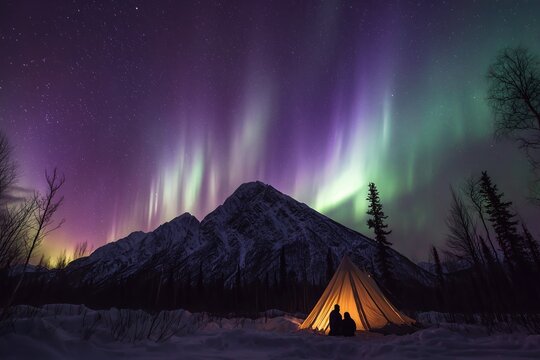 Colorful Northern Lights Aurora Borealis Sky Night Iceland Mountain Mountains Camping Glamping Romantic Winter Night Desktop Wallpaper Illustration Background Image