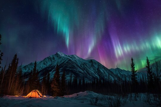 Colorful Northern Lights Aurora Borealis Sky Night Iceland Mountain Mountains Camping Glamping Romantic Winter Night Desktop Wallpaper Illustration Background Image