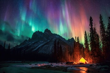 Colorful Northern Lights Aurora Borealis Sky Night Iceland Mountain Mountains Camping Glamping Romantic Winter Night Desktop Wallpaper Illustration Background Image