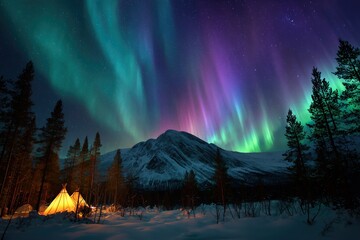 Colorful Northern Lights Aurora Borealis Sky Night Iceland Mountain Mountains Camping Glamping Romantic Winter Night Desktop Wallpaper Illustration Background Image