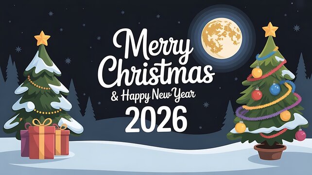 Merry Christmas and Happy New Year 2026 greeting card with northern lights aurora borealis winter landscape