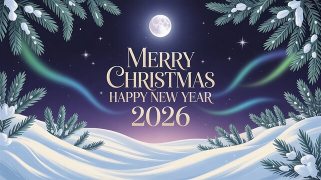 Title: Merry Christmas and Happy New Year 2026 greeting card with snowy winter night full moon and pine trees - Powered by Adobe