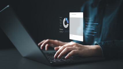 A person working on a laptop with floating social media analytics dashboards, representing ad performance tracking, marketing insights, KPI measurement, and data-driven optimization.