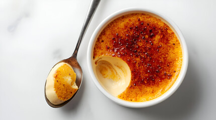  Exquisite Crème brûlée: A Culinary Delight with a Crisp Caramelized Sugar Crust and Silky Smooth Custard in a White Ramekin, Served with a Spoonful of Creamy Goodness.
