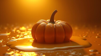 Theme Halloween, Pumpkin melting into liquid gold, surreal concept.