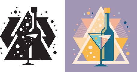 Celebrate with vibrant abstract art featuring a stylish bottle and martini glass, perfect for festive occasions and modern design projects.