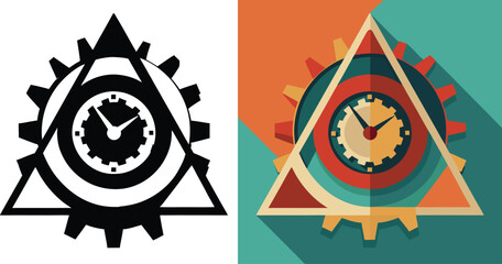 Striking geometric abstract art featuring a clock face within a gear and triangle, symbolizing industry, time, and progress.