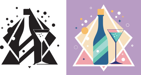 Celebrate with a sparkling drink and festive abstract shapes, perfect for party invitations, event promotions, and joyful occasions.