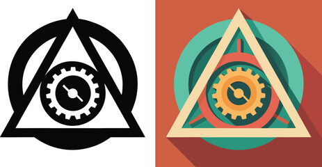 Striking geometric symbol featuring a central gear within a triangle and circle, evoking themes of precision engineering, innovation, and intricate design.