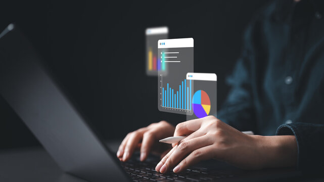 A person working on a laptop with floating analytics dashboards showing charts and graphs, representing marketing insights, sales performance, revenue analysis, and business forecasting.