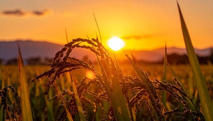 Close-Up of Golden Rice Ears in Sunshine
