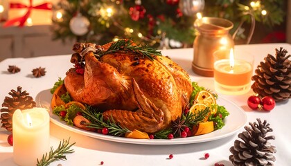 A roasted poultry dish sits on a white platter, surrounded by festive decorations including pinecones and candles. A lit tree is in the blurred background