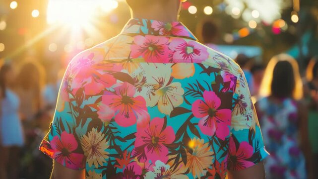 Person wearing colorful floral shirt in sunlight with blurred people background
