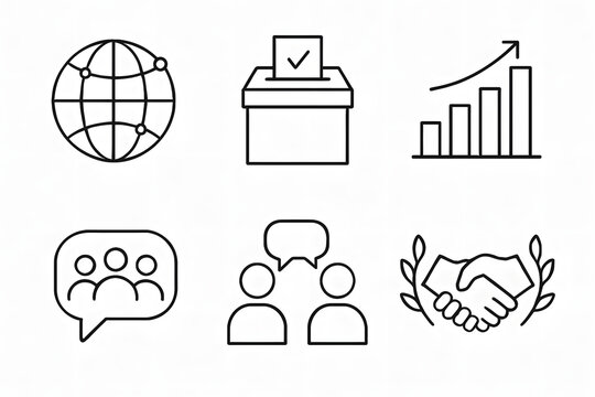 Global Business and Cooperation Icon: Minimalist icons depicting themes of world, business, voting and cooperation. Representing the fundamental elements of international business.