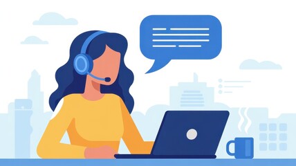Empathetic Customer Support: An illustration of a dedicated female support specialist provides assistance, her headset and laptop facilitating clear communication