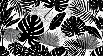 This is a monochrome, seamless pattern of various tropical leaves and foliage.