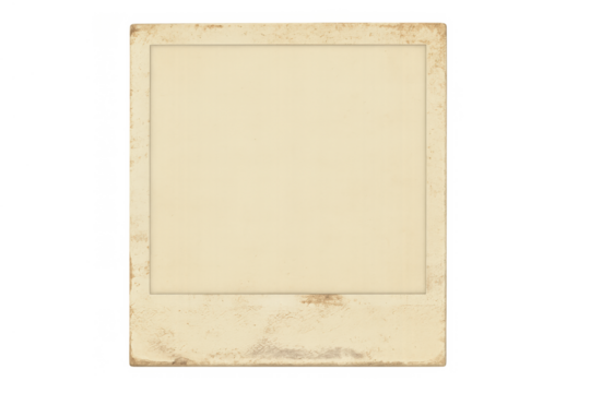 Vintage instant film photo frame template on transparent background. Blank aged paper texture with retro border