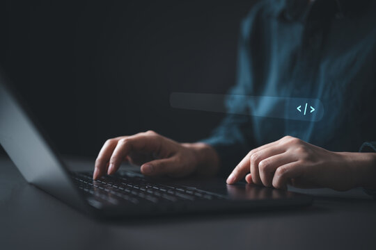 software, development, A programmer working on a laptop with glowing code symbols, representing software development, coding workflow, application creation, and modern technology engineering.