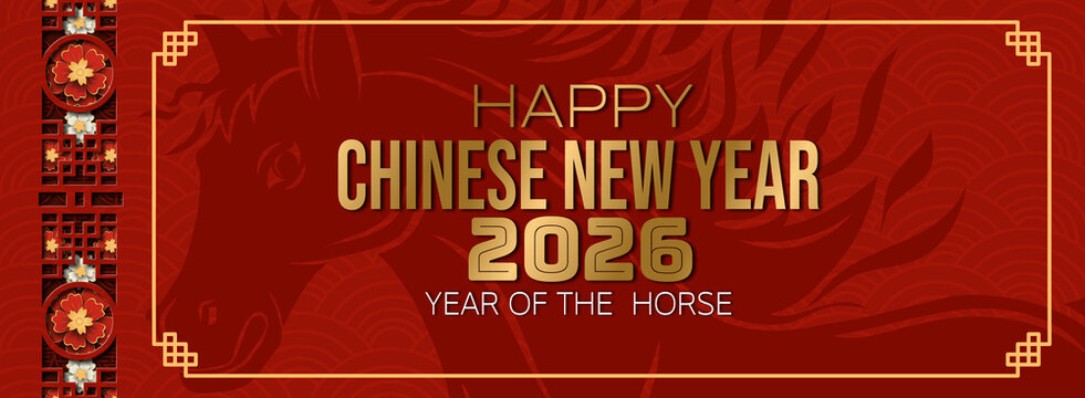 Elegant Chinese New Year 2026 design with gold typography, floral accents, and a subtle horse silhouette on a red patterned background. Perfect for festive banners, greetings, and promotional graphics
