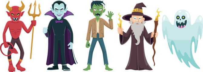 Cute Halloween cartoon characters featuring devil, vampire, zombie, wizard, and ghost, spooky fantasy costume set for festive celebration illustrations