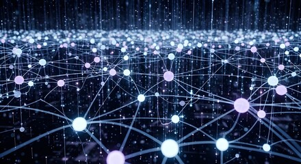 A digital abstract background featuring a vast network of interconnected nodes, illuminated with glowing blue and pink lights, suggesting concepts like data, technology, or a neural network