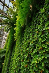 Sunlight filtering through lush green leaves in a vibrant greenhouse. Interior of a bright, humid greenhouse filled with lush, diverse plants. Shafts of golden sunlight stream through the glass roof