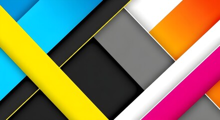 A vibrant, abstract, geometric background with overlapping diagonal layers in bright CMYK colors (Cyan, Magenta, Yellow, Black) and White/Gray.