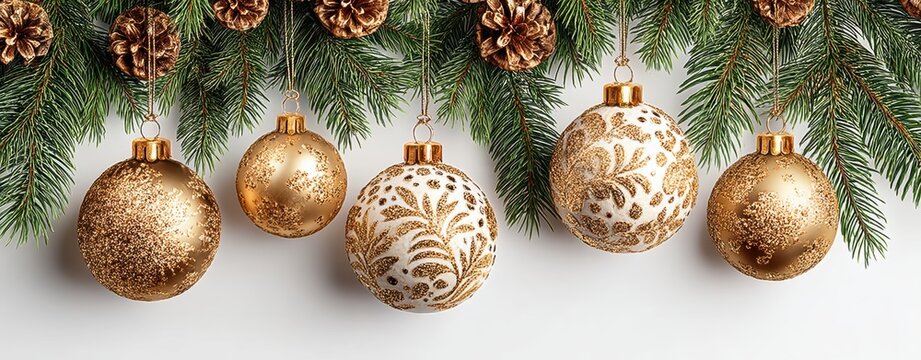 Elegant golden Christmas ornaments hanging on a festive pine branch, ideal for holiday decorations and seasonal celebrations.