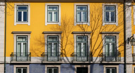 Sunny Yellow Wall with Tree Branch Shadows and Azulejos