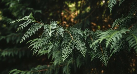 Vibrant Green Evergreen Branches Against Softly Blurred Forest