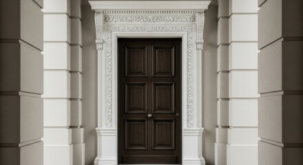 Elegant Dark Wooden Door with Ornate White Architectural Frame