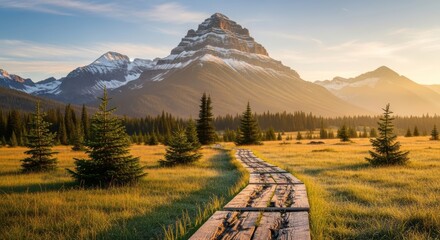 Serene Mountain Valley with Boardwalk Through Golden Meadow