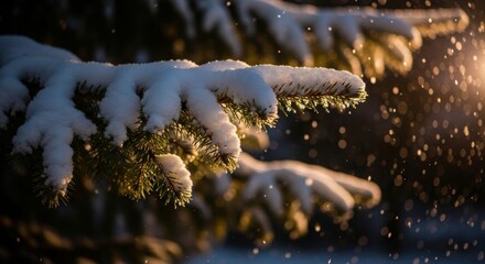 Snow covered Pine Branches Illuminated by Golden Light