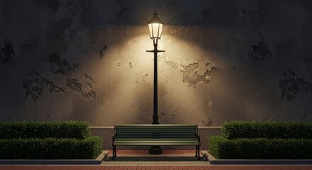 Warm Glow of a Street Lamp on an Old Wall and Park Bench