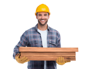 Smiling construction worker or engineer with yellow hard hat holding a clipboard on a building site