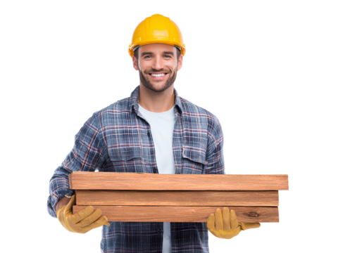 Smiling construction worker or engineer with yellow hard hat holding a clipboard on a building site