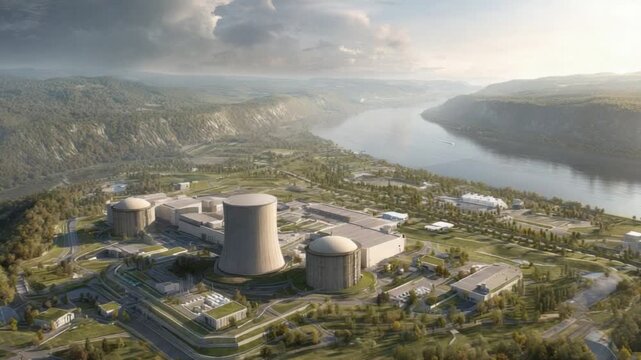 Industrial Marvel: An aerial perspective reveals the architectural complexity of a nuclear power plant, a symbol of modern innovation and power generation, nestled near a tranquil river.