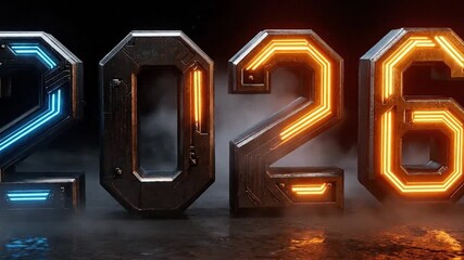 Futuristic metallic numerals 2026 with glowing blue and orange lights on a dark foggy reflective surface - Powered by Adobe