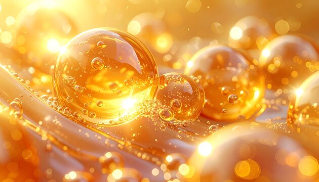 Close-up of glossy, amber-hued spheres clustered on a flowing, textured surface, bathed in warm, golden light