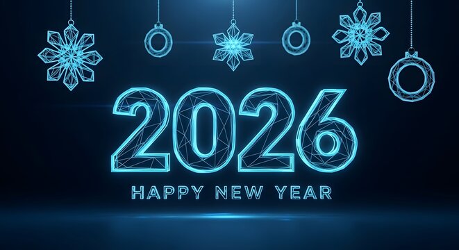 Glowing neon 2026 happy new year greeting with ornaments
