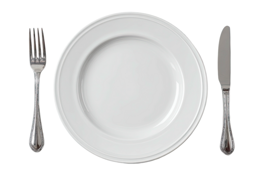 White plate with fork and knife on black background (2)