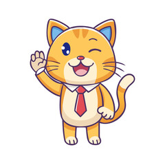 Illustration of a cheerful cat wearing a tie, waving its paw, suitable for animation and mascot
