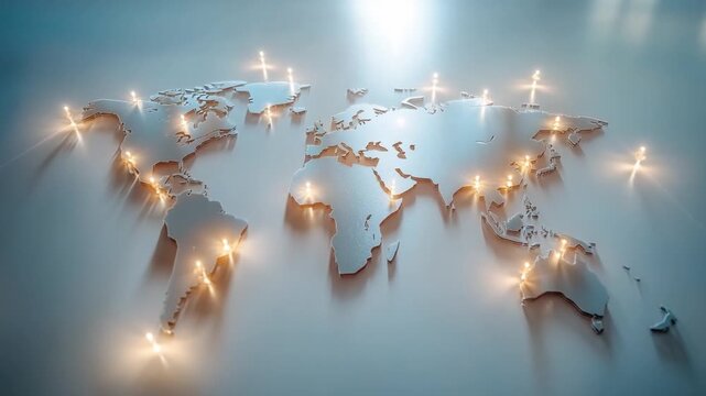 Global Connectivity: An elegant visualization showcases the world map illuminated with radiant points, symbolizing interconnectedness, progress and seamless communication across the globe.