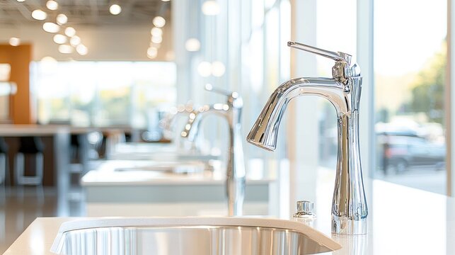 Elegant chrome kitchen or bathroom faucet displayed prominently in a bright, modern showroom, showcasing contemporary home design and superior plumbing fixtures