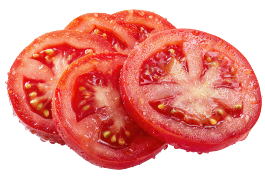 Fresh, juicy tomato slices glistening with water droplets
