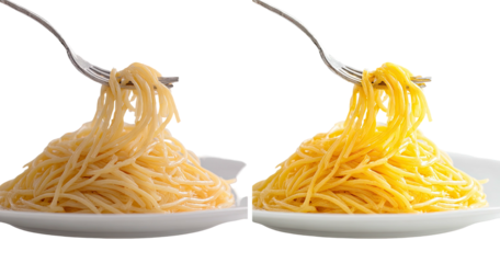 Two plates of spaghetti twirled on forks, one light, one vibrant