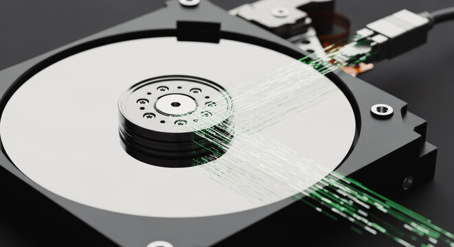 A close-up view of a detailed computer hard drive illustrating the core data storage and retrieval. Highlighting a crucial component of modern data processing.