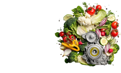 Healthy food and mechanical parts combined in a vibrant arrangement